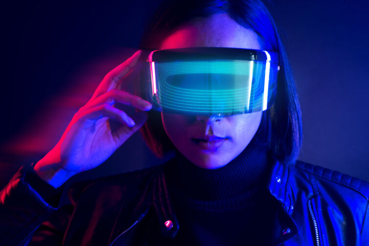 Woman in glasses augmented reality blue social media cover